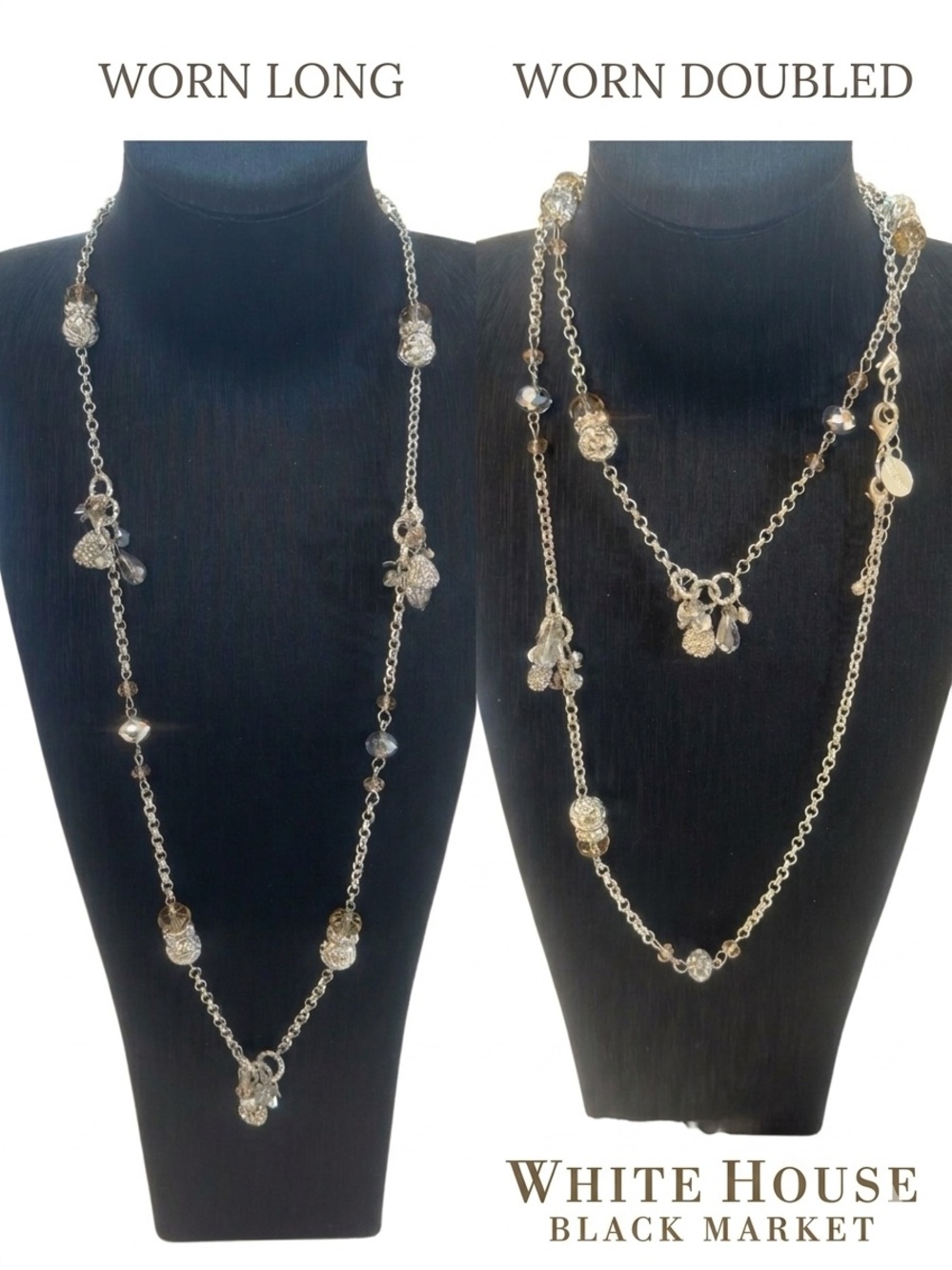 White House Black Market Long Charm & Crystal 36”L Station Necklace